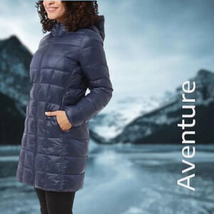 Aventure | Lightweight Hooded Shiny Puffer Jacket | Navy Night | NWT